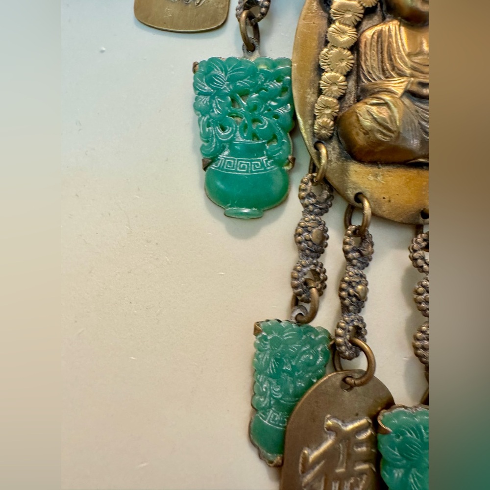 Antique 1930s Art Deco revival asian brass Buddha multi~charm faux jade festoon - Picture 7 of 13